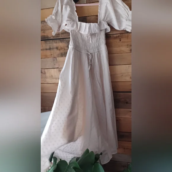 Smocked Cream Maxi Dress with Puff Sleeves - Picture 8 of 13